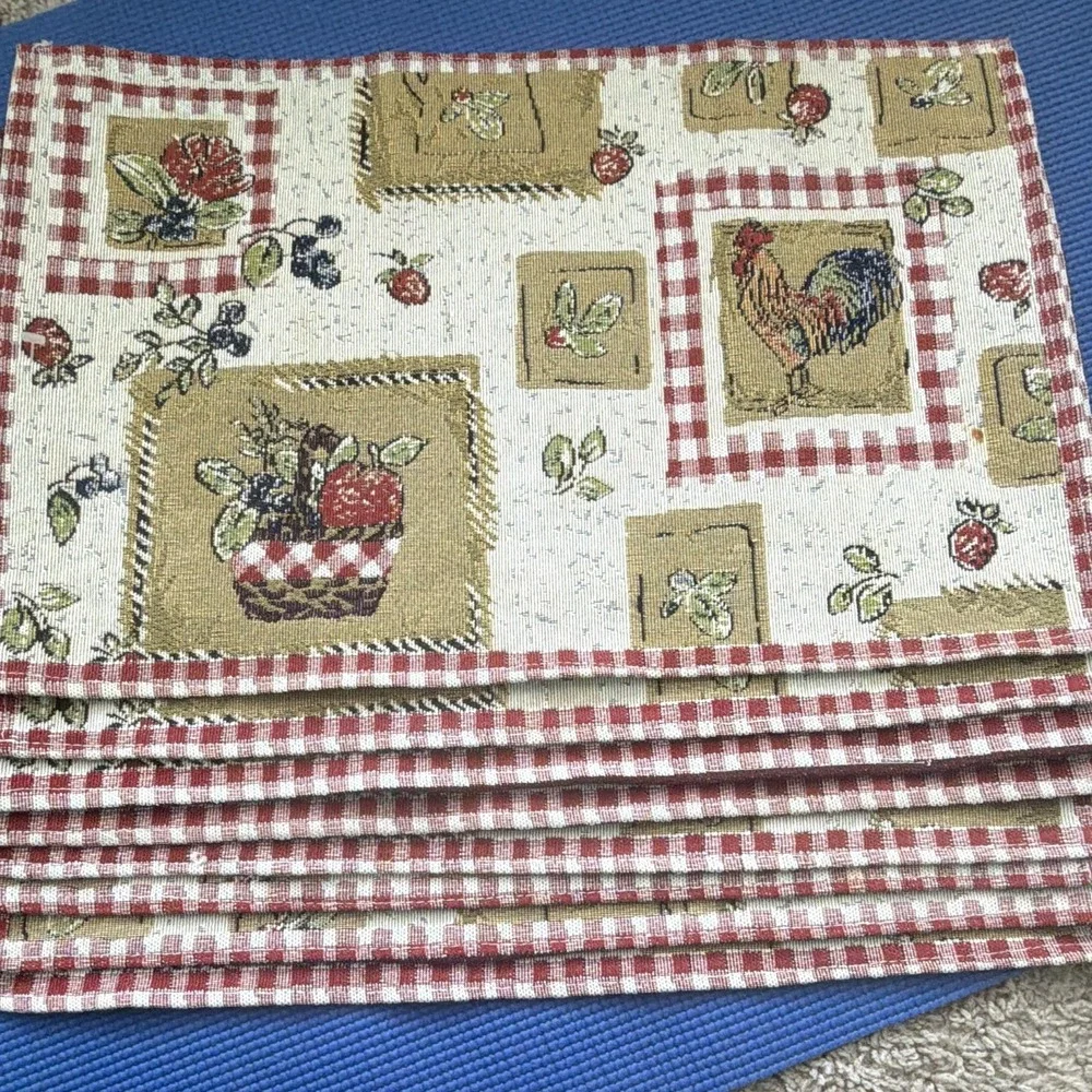 Set of 8 Tapestry Farm Rooster Fruit Basket/count Rooster Red Gingham Placemats